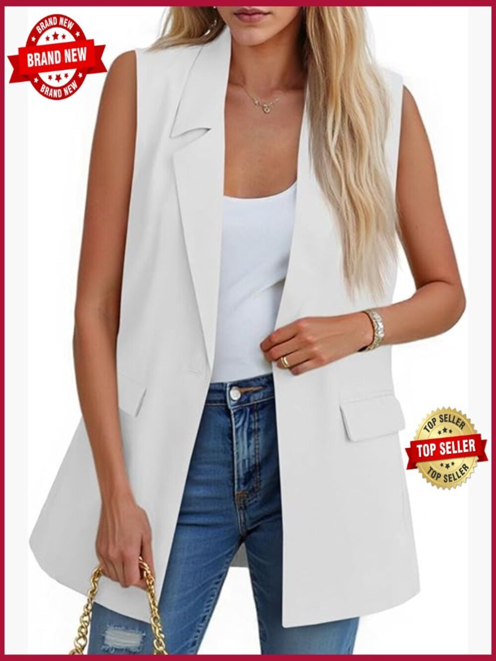 Sleeveless Blazer Vest Open Front Single Button Casual Summer Jacket with